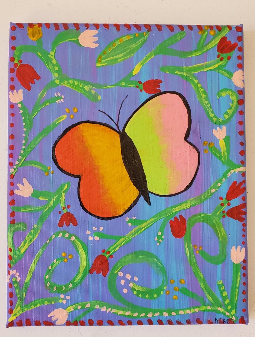 Folk ART Painting Whimsical Butterfly Floral 8"x10" Original One Of A Kind‎